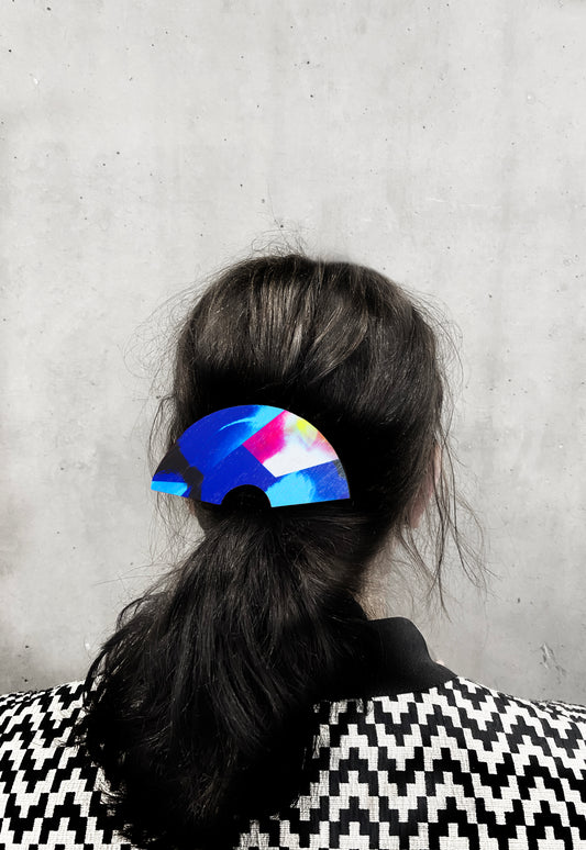 Fan hair barrette, shaped printed wooden modern hair clip