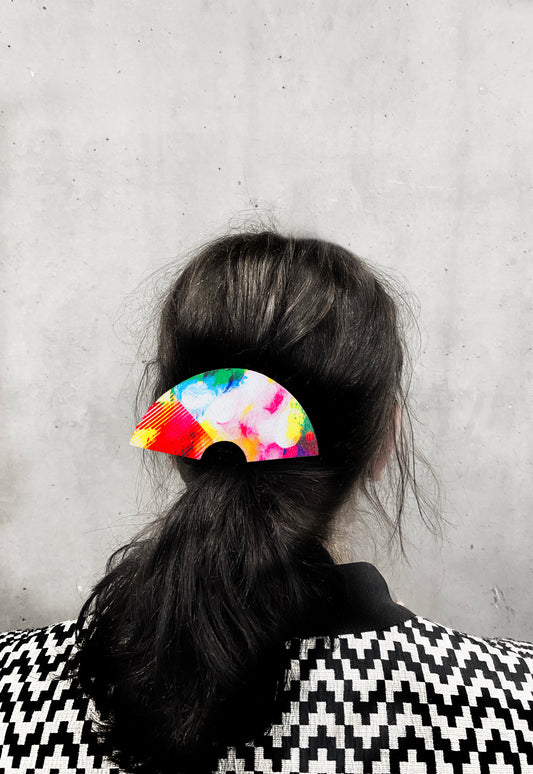 Pink Japanese hair barrette, fan shaped printed wooden modern hair clip