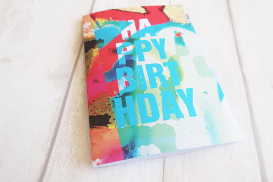 Colorful birthday card with watercolor design on a white background