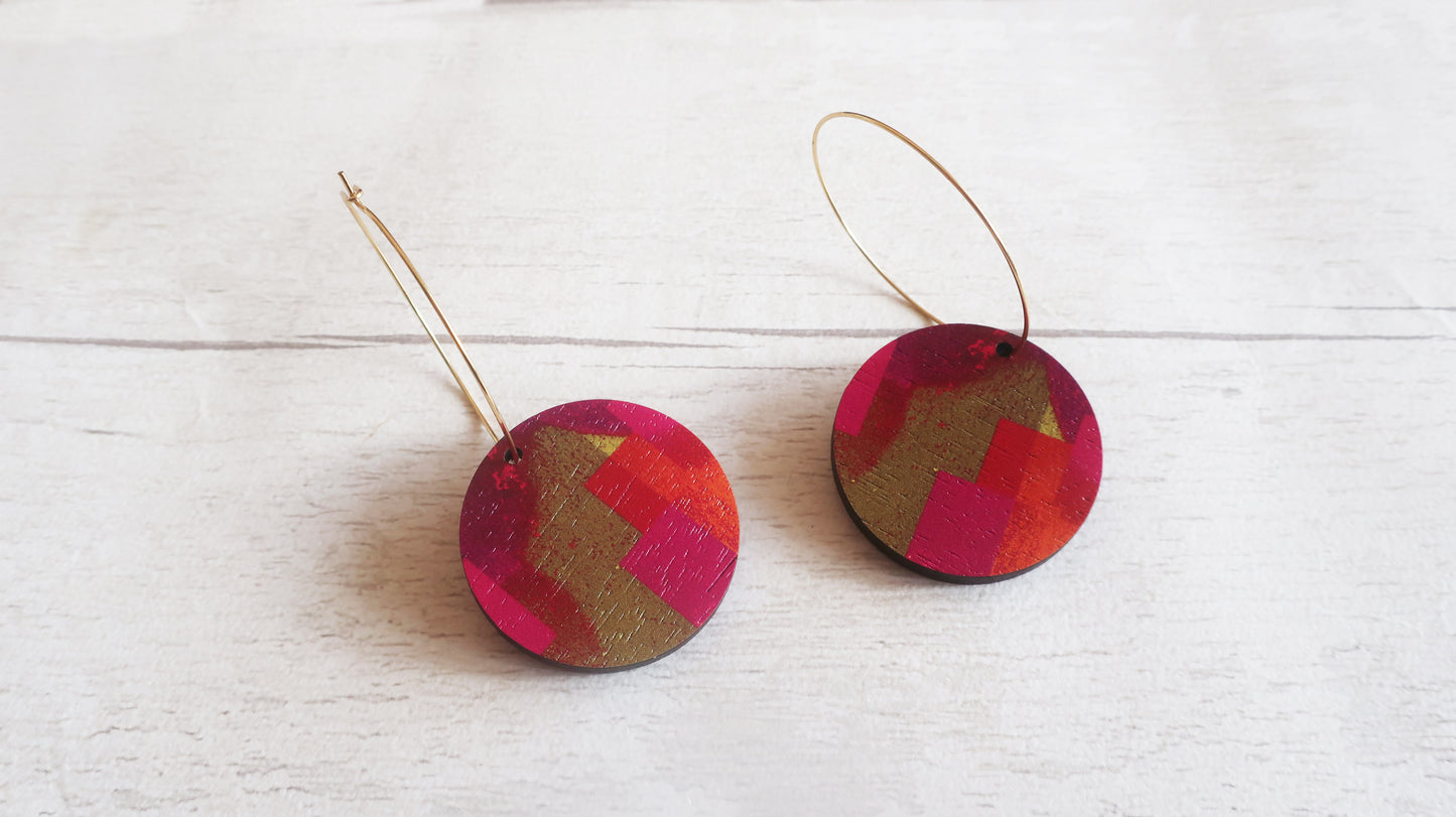 Dangle hoop charm pink, gold and orange earrings