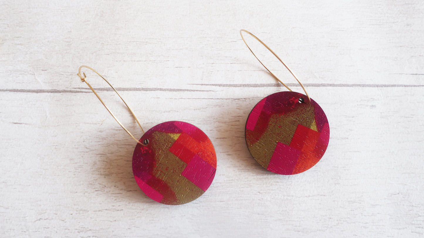 Dangle hoop charm pink, gold and orange earrings