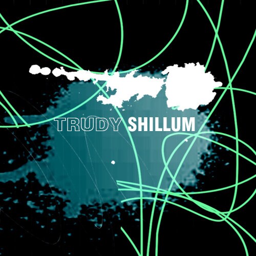 LOGO with 'Trudy Shillum' text on a black background with green and white abstract designs.