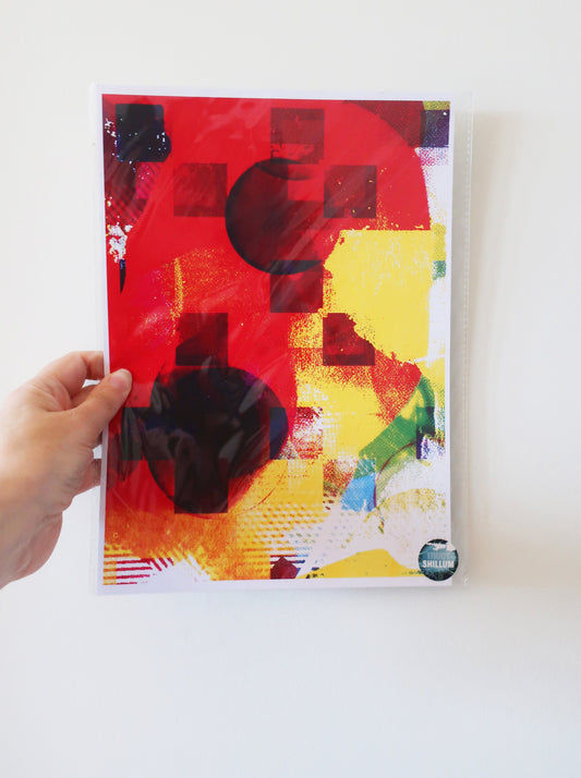 Colorful abstract A4 print held by a hand on a white background