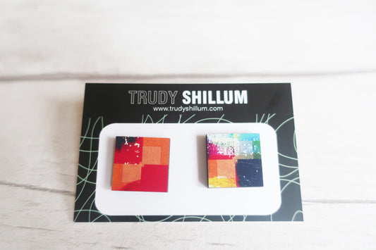 Colorful square earrings on a branded card with 'Trudy Shillum' on a white background