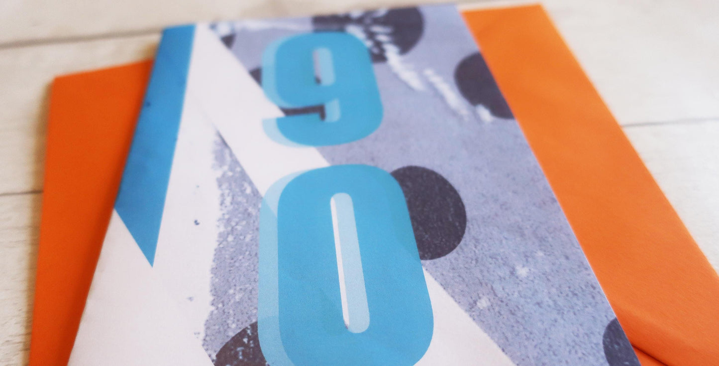 Happy 90th Birthday Card, Modern Graphic Distressed Card, Milestone Edgy Grunge Style