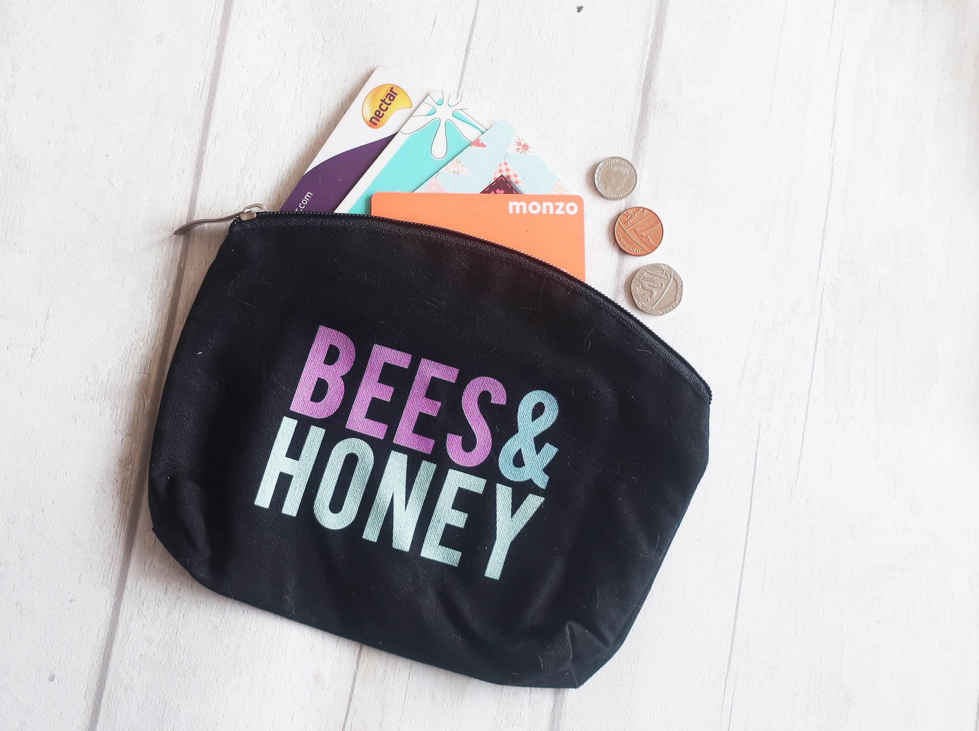 Black pouch with 'BEES & HONEY' text, containing cards and coins on a white wooden surface