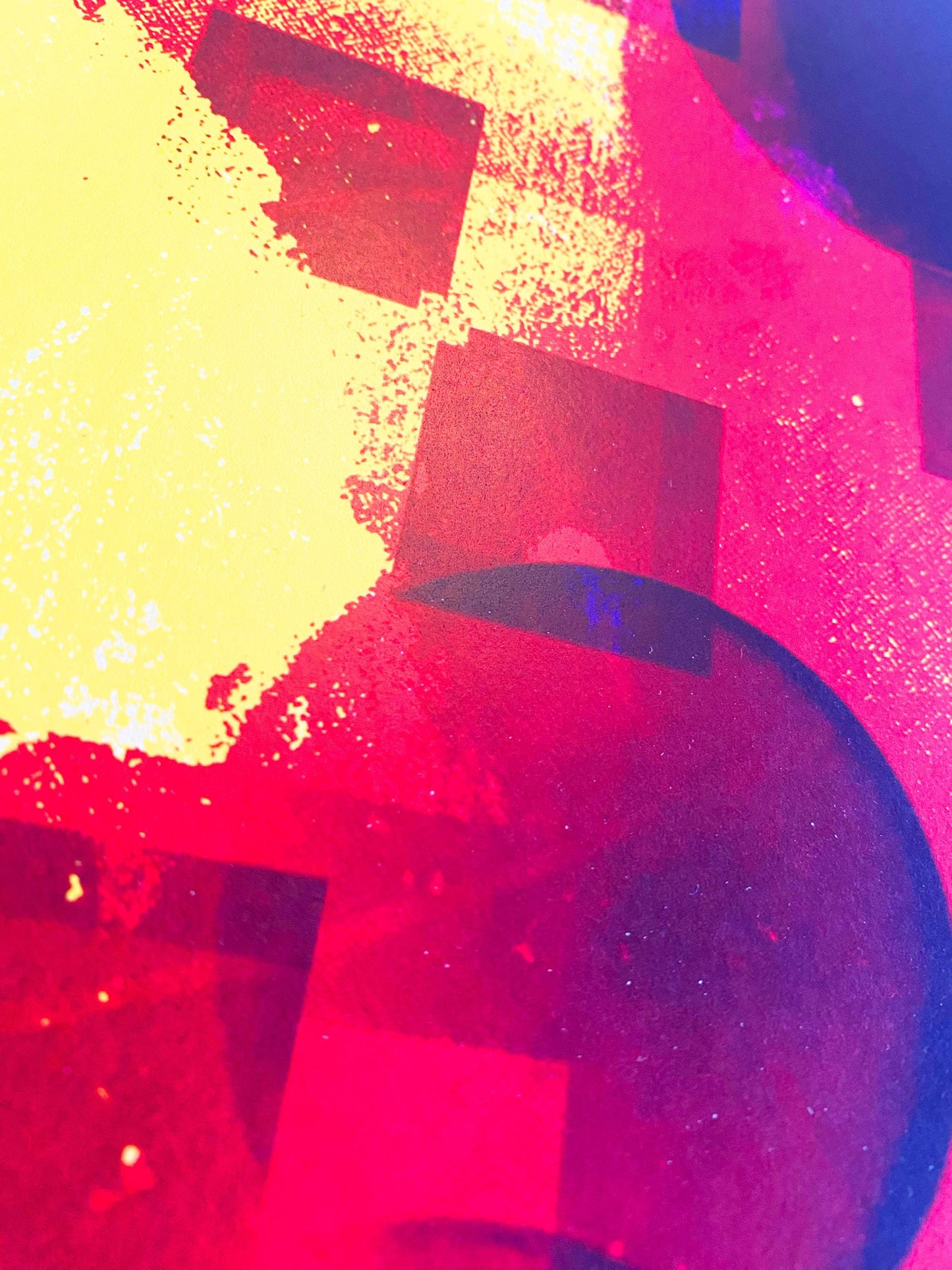 Abstract A4 print  with geometric shapes in red, yellow, and black on a textured background