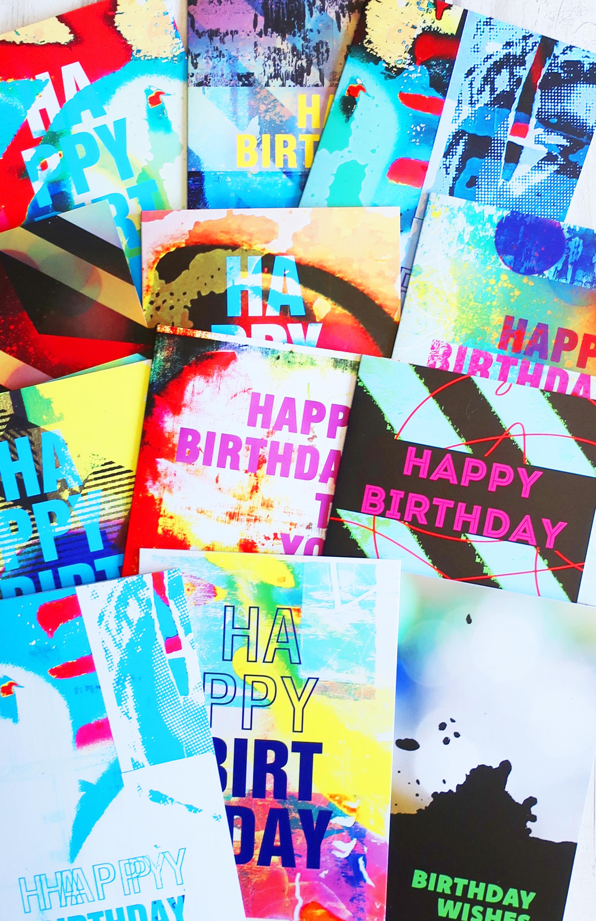 Collection of colorful 'Happy Birthday' greeting cards with various designs.