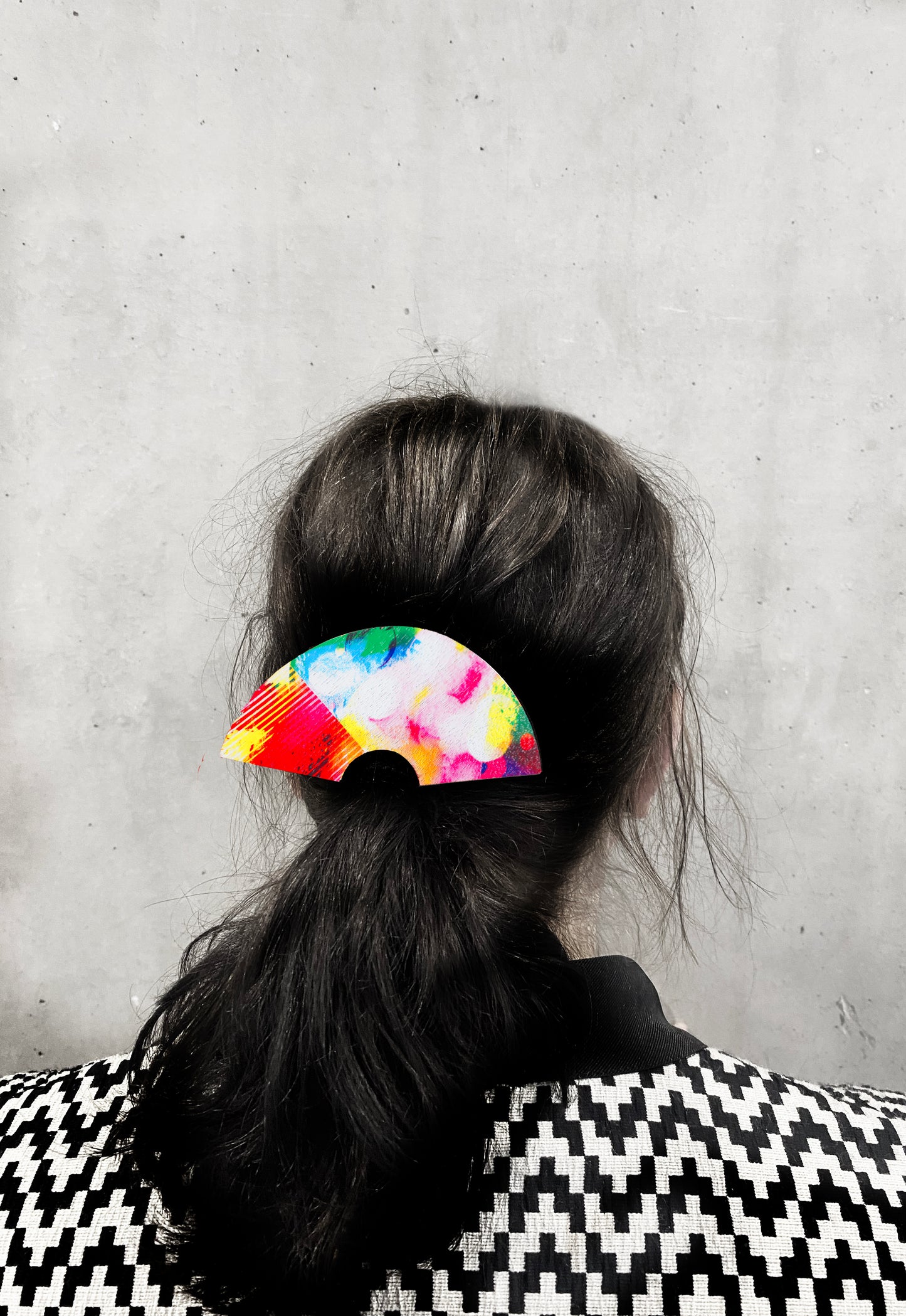 Pink Japanese hair barrette, fan shaped printed wooden modern hair clip