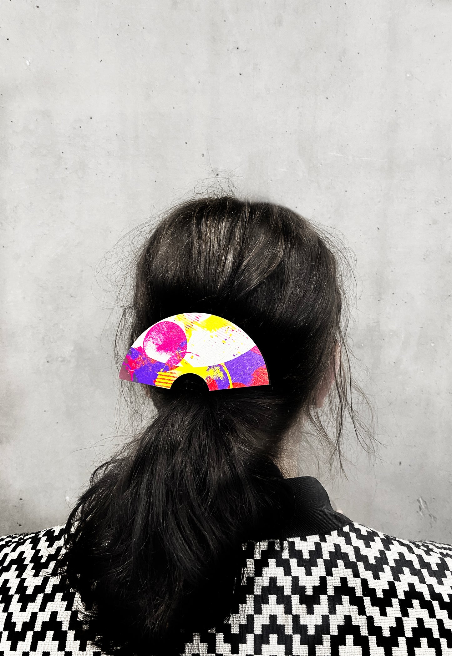 Pink bold hair fan barrette, Japanese printed wooden modern hair clip