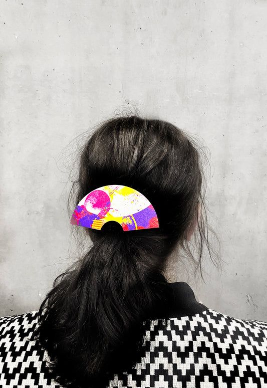 Pink bold hair fan barrette, Japanese printed wooden modern hair clip