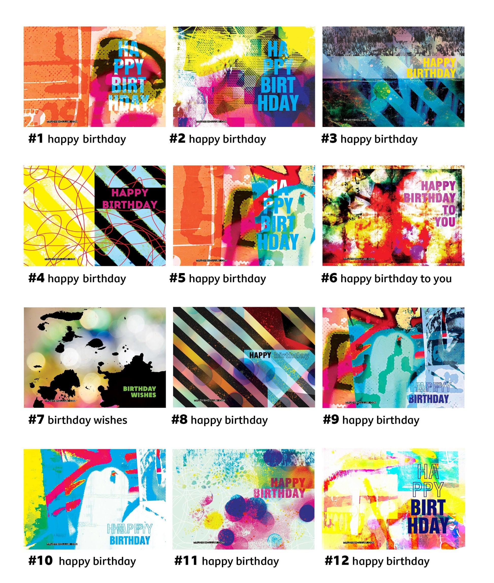 Grid of colorful birthday cards with various designs and text.