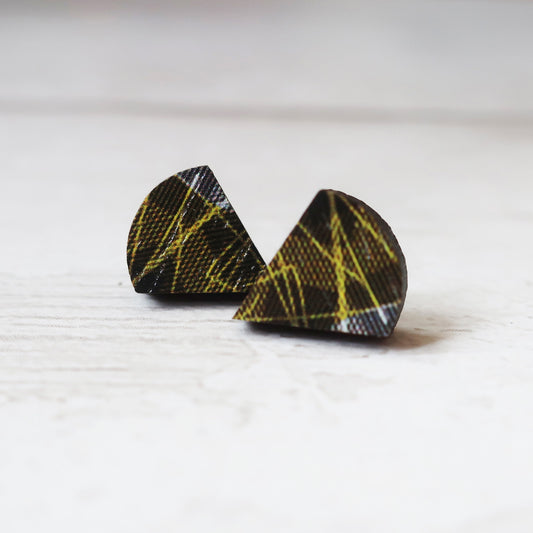 Pair of black and yellow patterned earrings on a white background