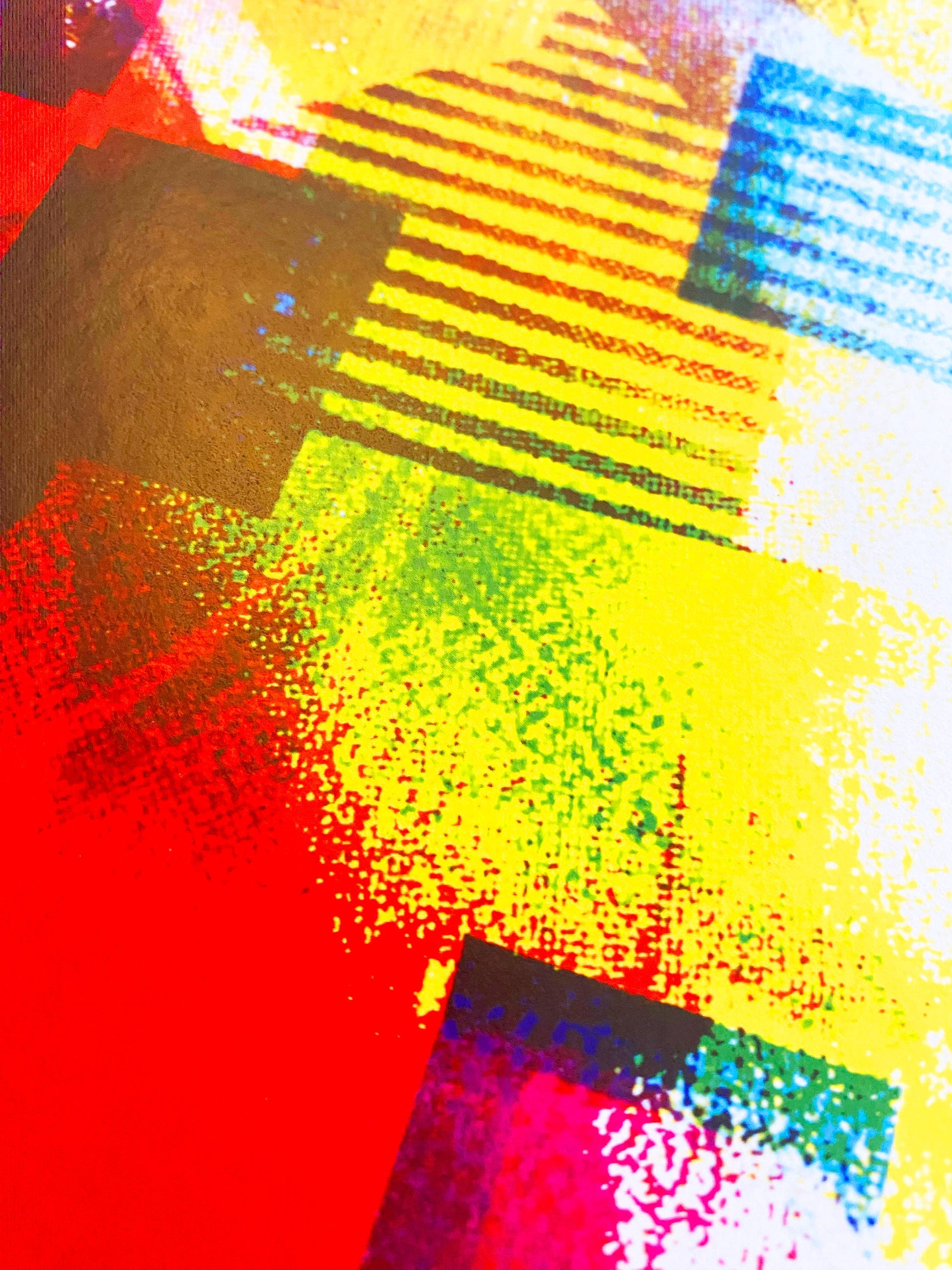 Abstract multicolored art print  with a focus on red, yellow, and blue.