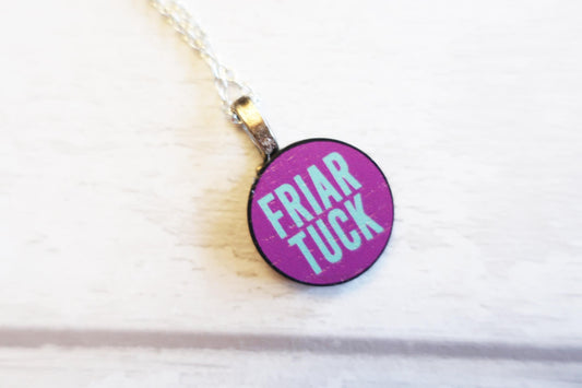 Necklace with a purple pendant displaying 'FRIAR TUCK' on a white background