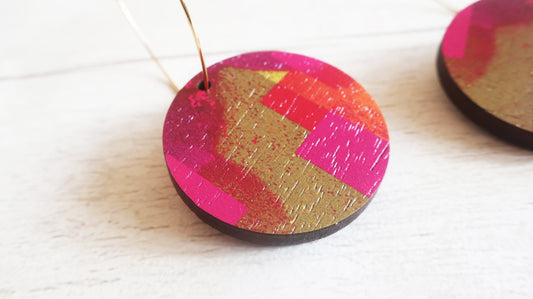 Dangle hoop charm pink, gold and orange earrings
