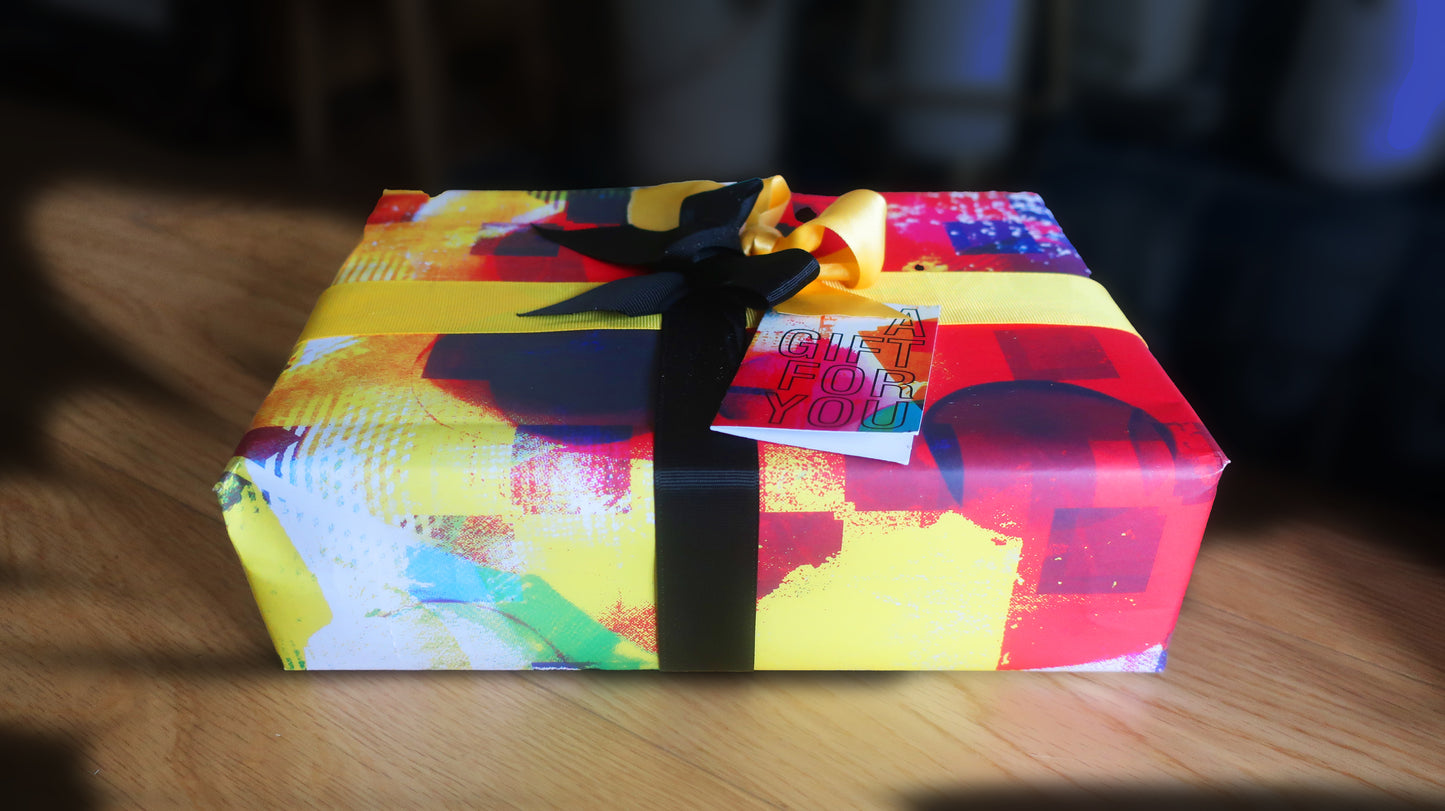 Graphic wrapping paper and gift tag, abstract gift wrap