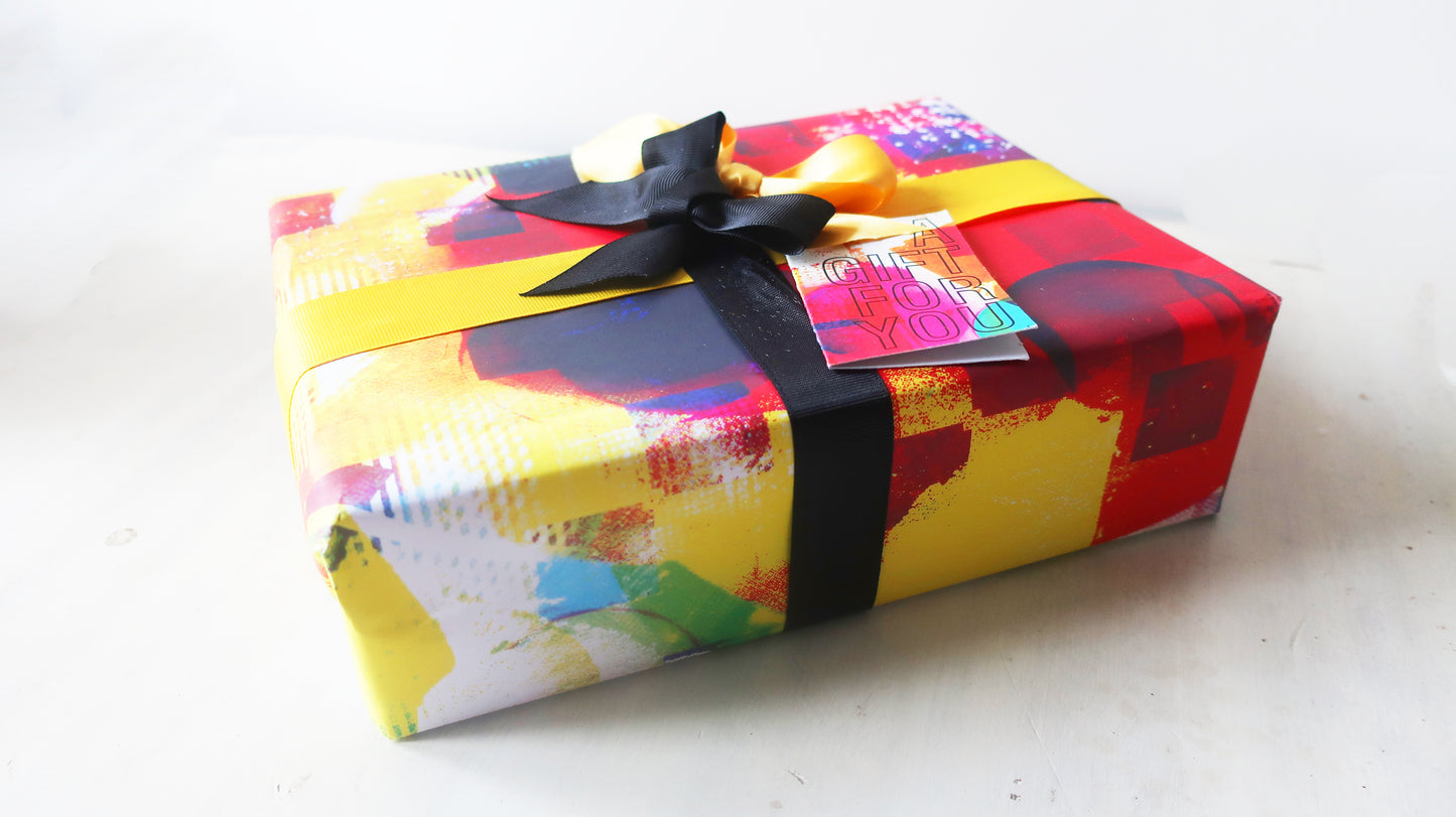 Graphic wrapping paper and gift tag, abstract gift wrap