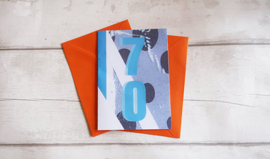 modern blue and white 70th birthday card