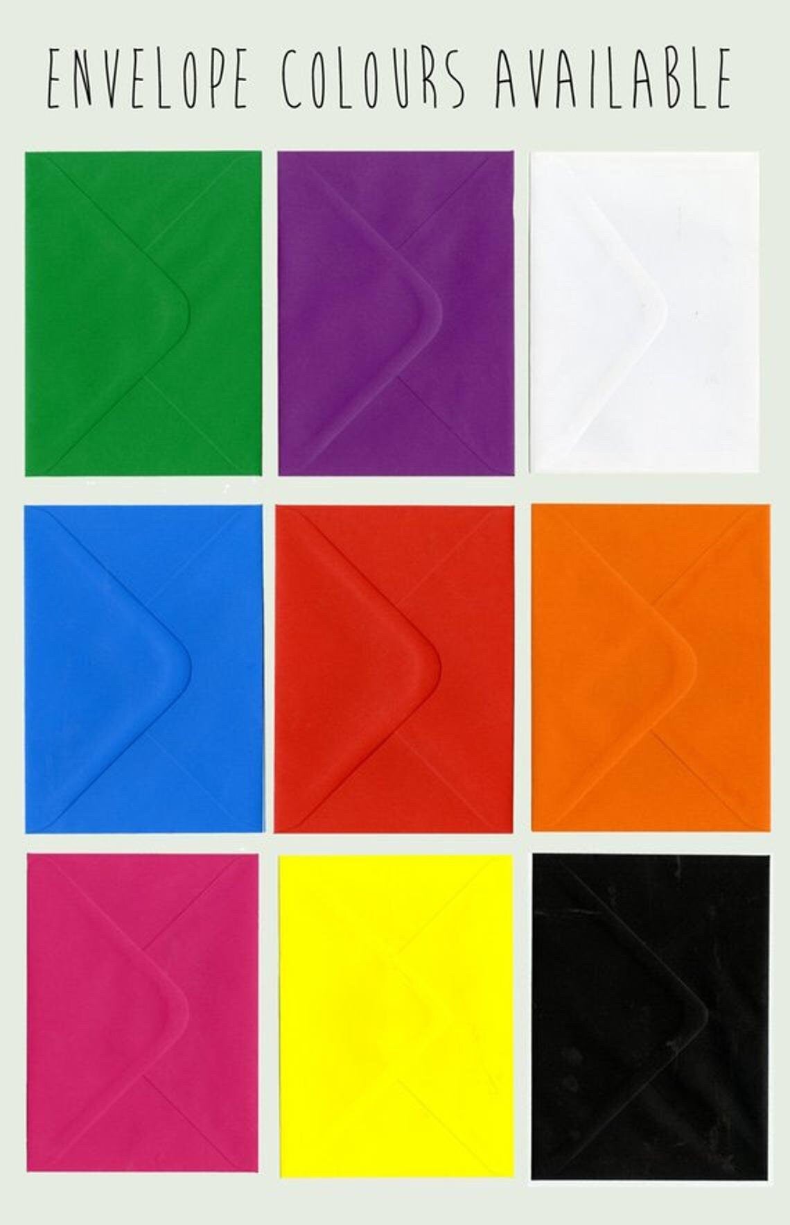 Grid of colorful envelopes with text 'Envelope Colours Available' at the top.