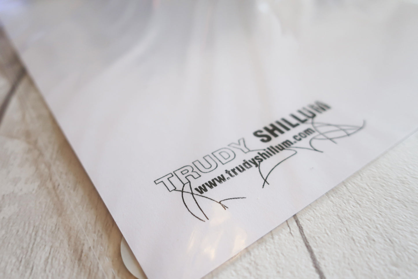 art print  with 'Trudy Shillum' text and signature on a wooden surface