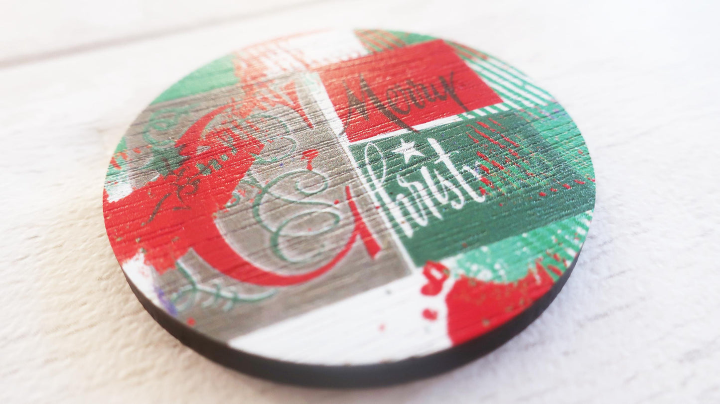 Round badge with colorful design and text on a white surface