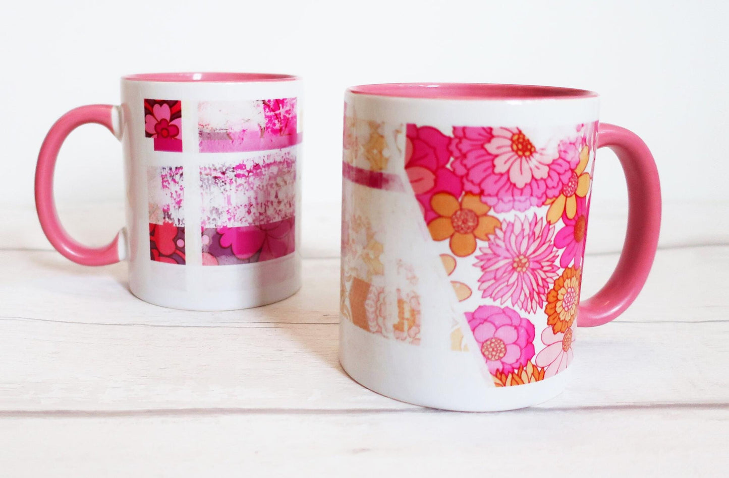Two mugs with floral designs on a white surface