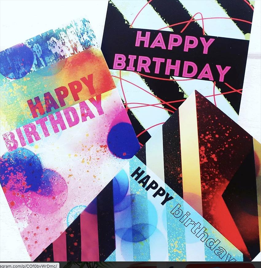 Three colorful birthday cards with 'Happy Birthday' text on a white background