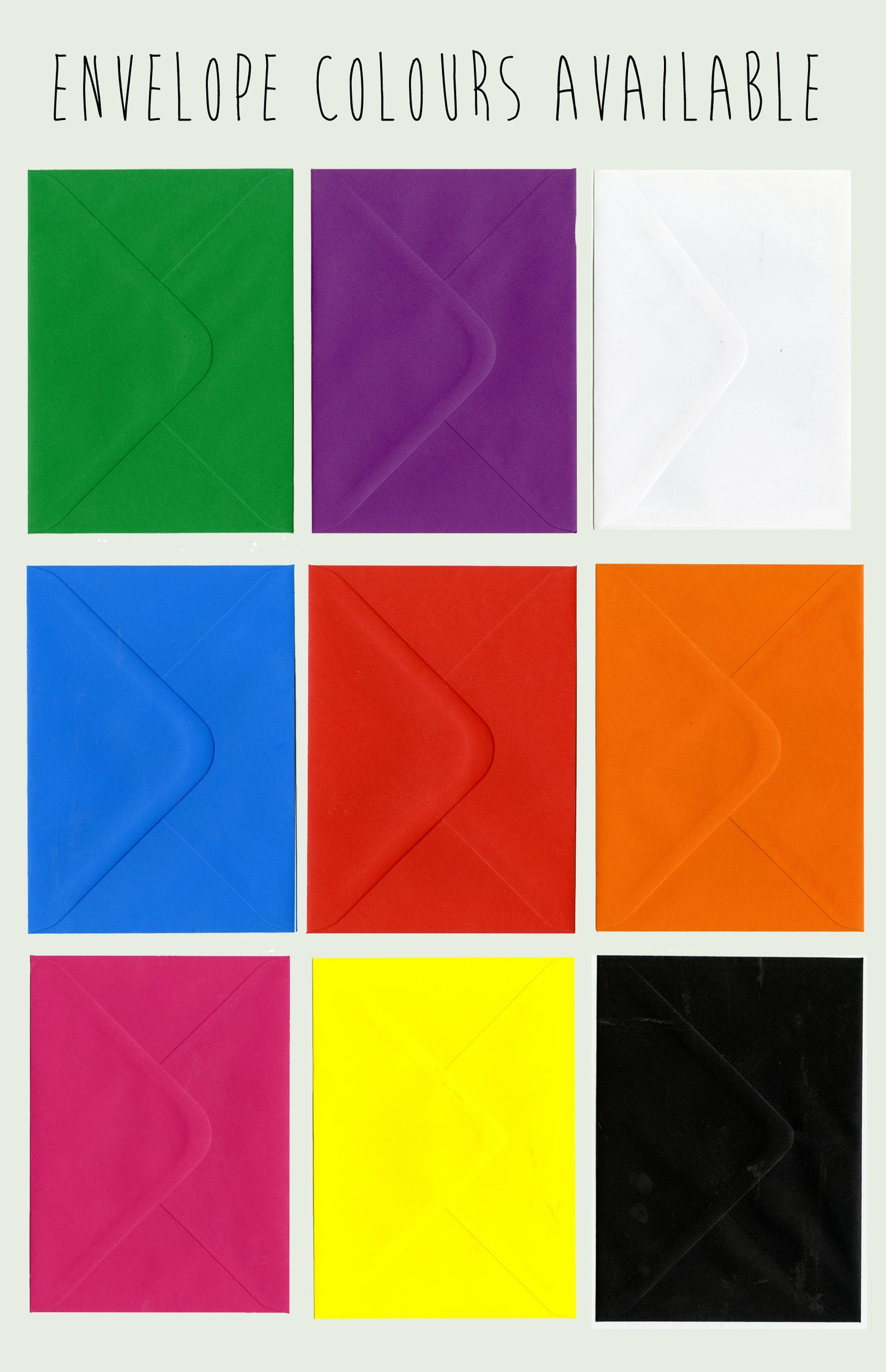 Grid of colorful envelopes with text indicating available envelope colors.