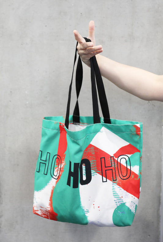 Ho Ho Ho tote bag, Canvas Large Red Green Reusable Holiday Shopper