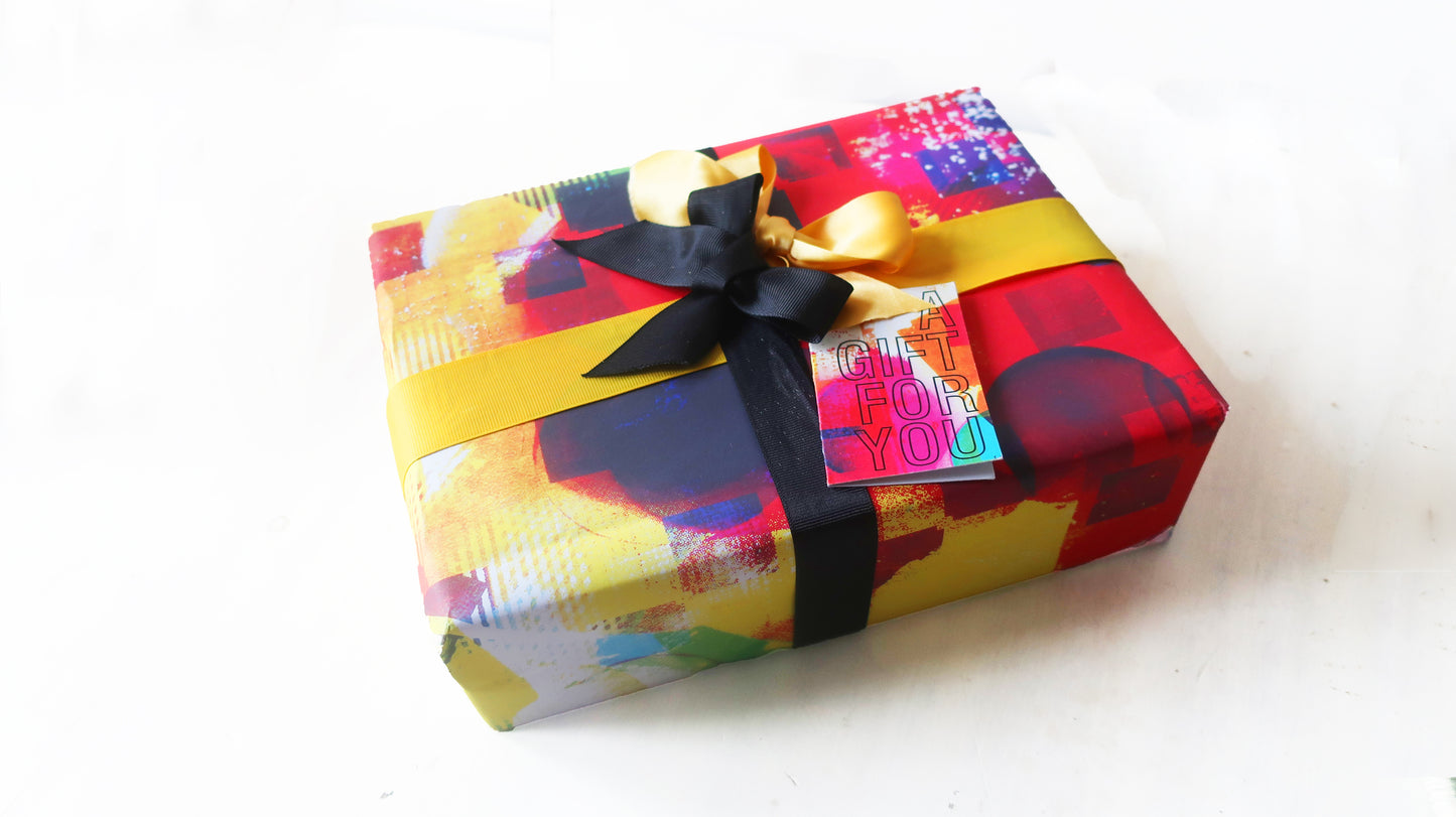 Graphic wrapping paper and gift tag, abstract gift wrap