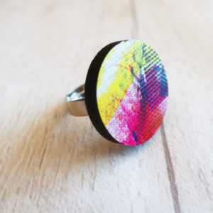 Pink and yellow abstract wooden ring, adjustable