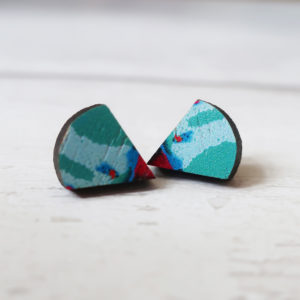 Small turquoise teardrop shaped wooden stud earrings